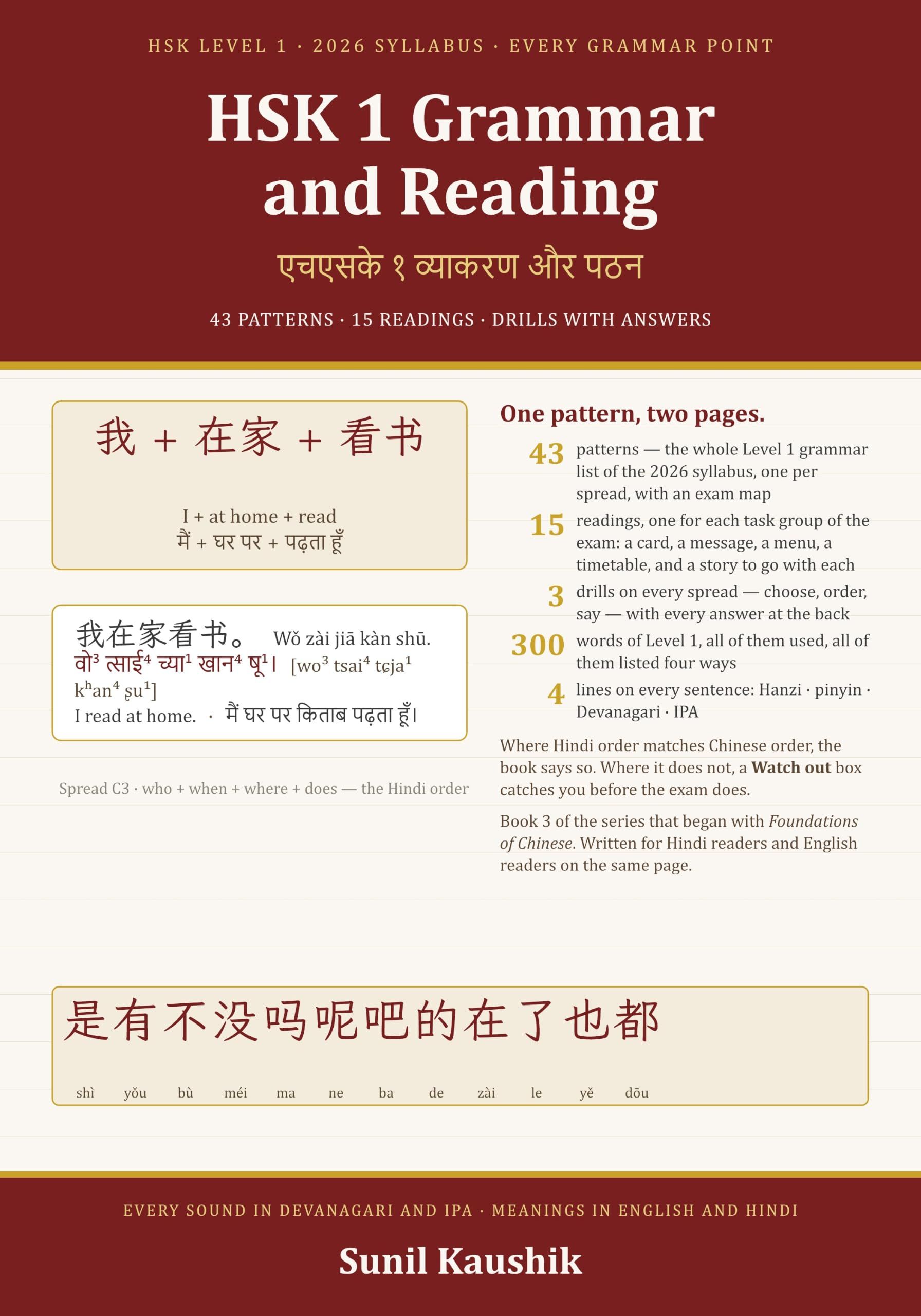 HSK 1 Grammar and Reading: Every HSK Level 1 Grammar Point on Two Pages, with Drills and Answers, Fifteen Readings and All 300 Words, in Pinyin, Devanagari and IPA, for Hindi and English Readers — cover